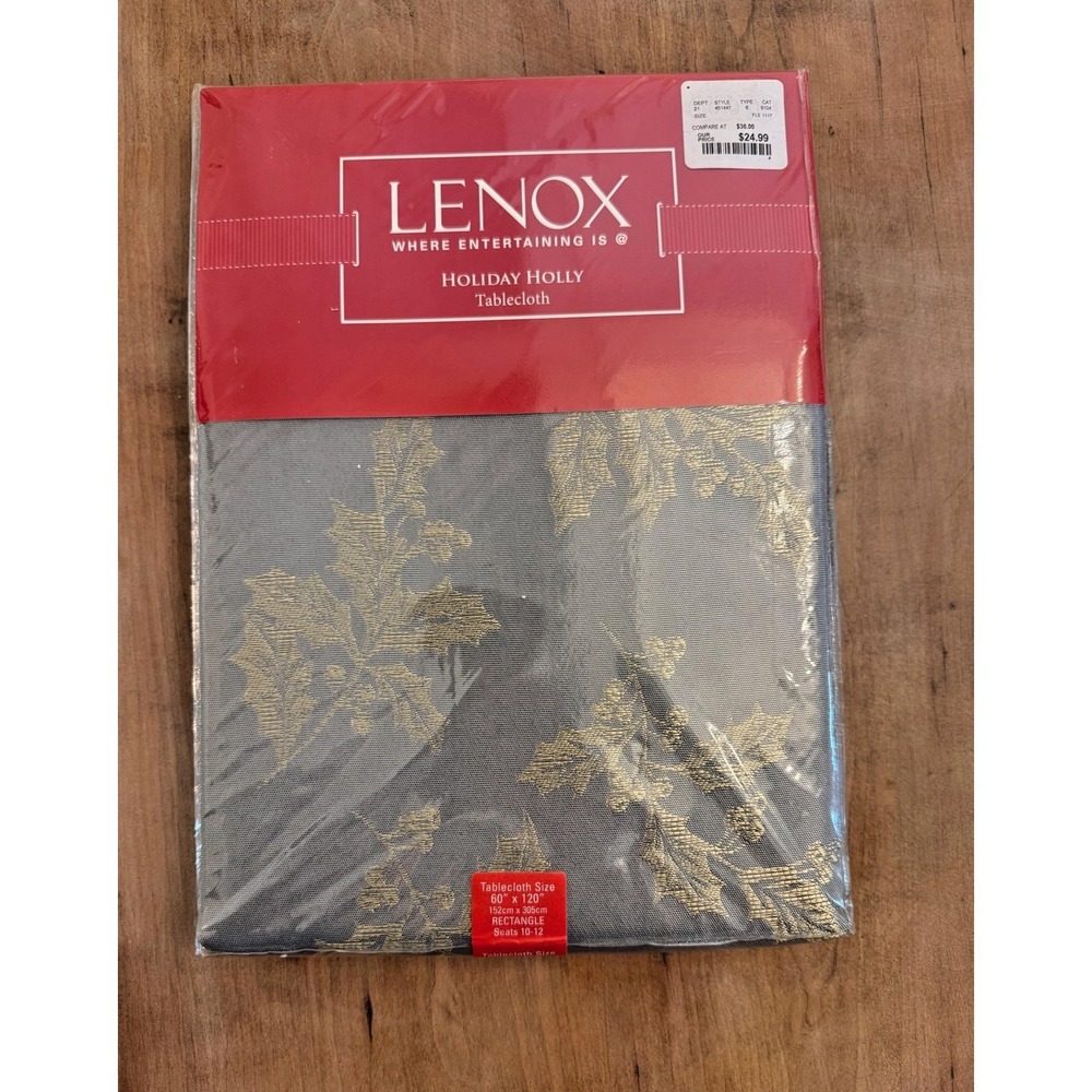 Lenox Holiday Holly Tablecloth Gray 60x120 Rectangle Christmas Table Linen
